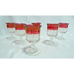 6 Kings Crown Liquor Glasses Goblets Tiffin Thumbprint Drinking Glass Ruby Flash